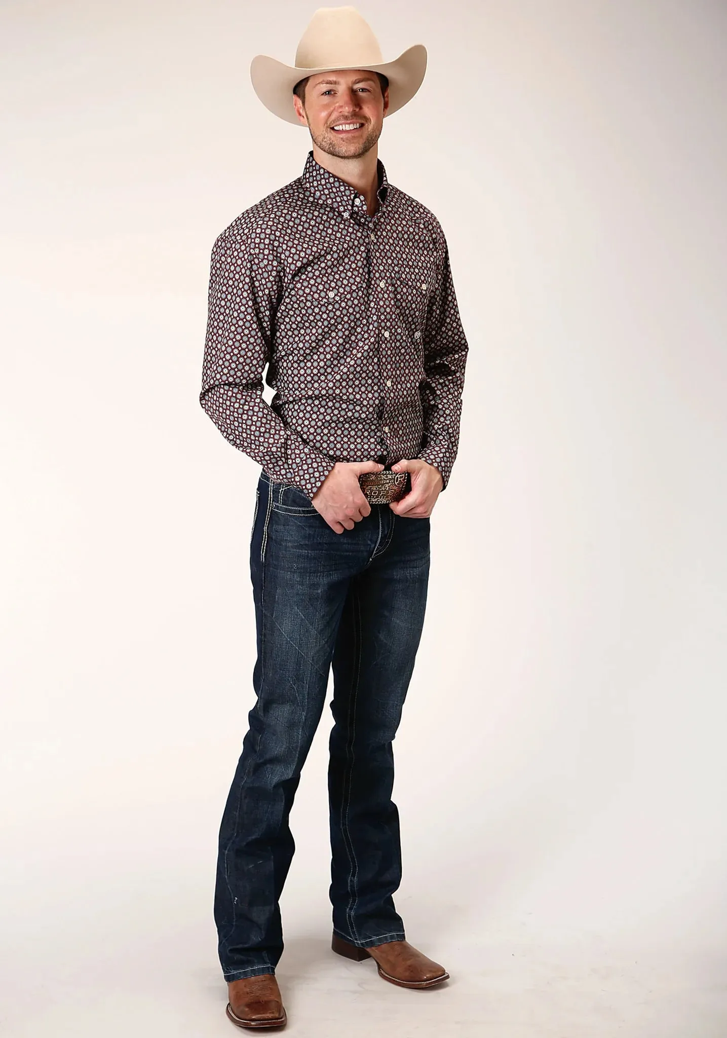 Roper Men's Long Sleeve Button Red Currant Foulard Western Shirt