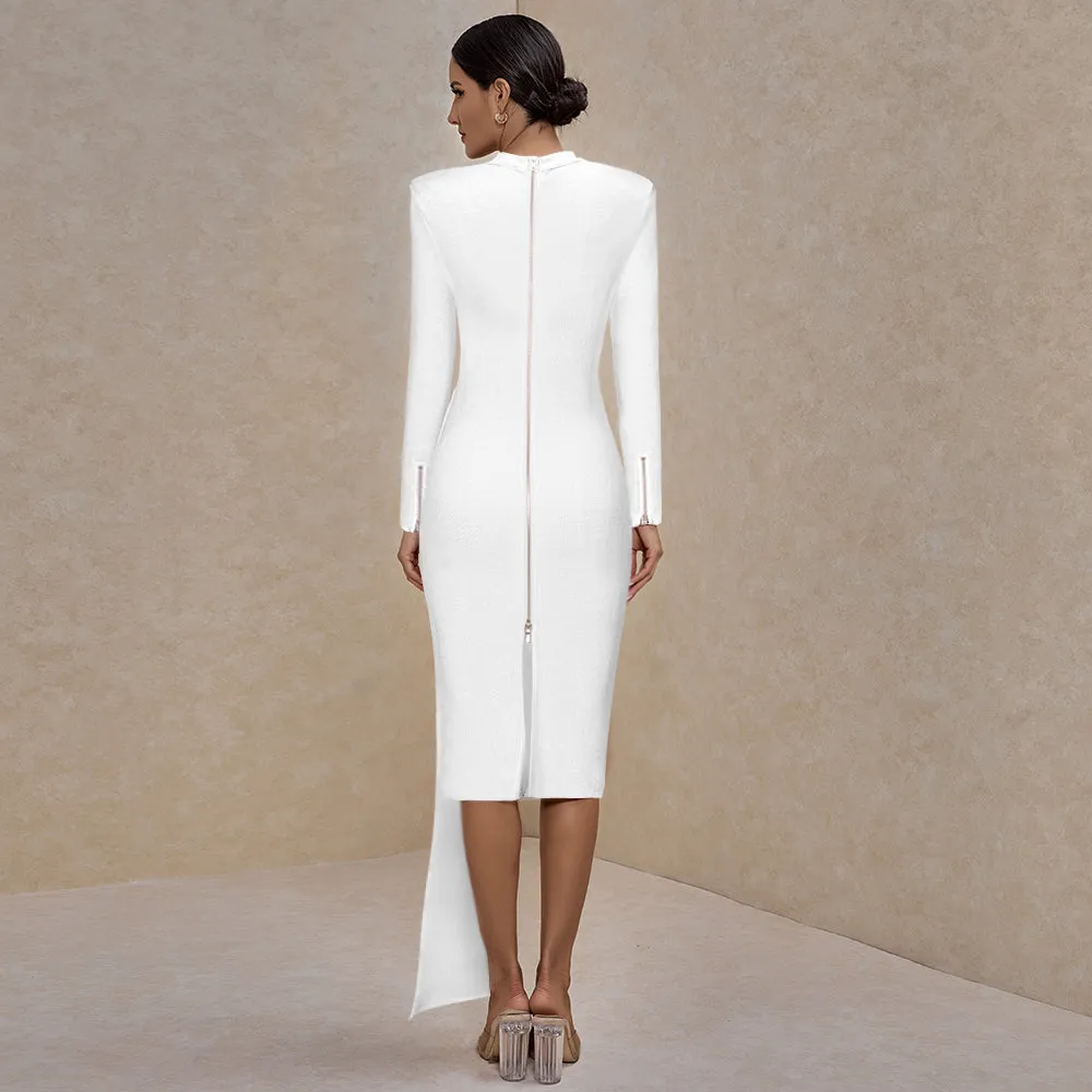 Round Neck Draped Frill Midi Bandage Dress