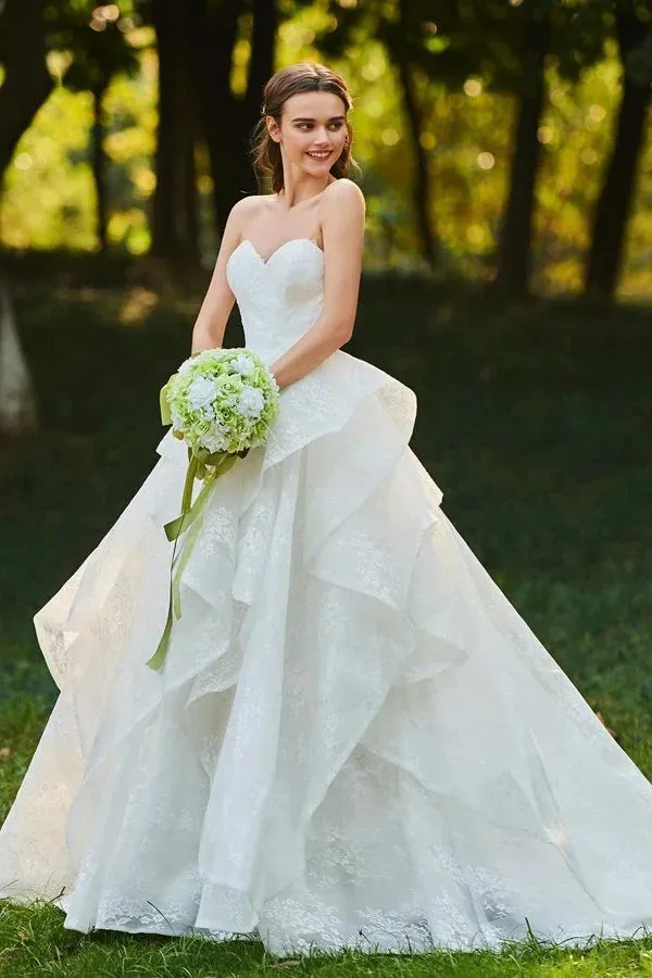 Runa | Lace Open Back Sweetheart Cascading Ruffles Sleeveless Bridal Ball Gown