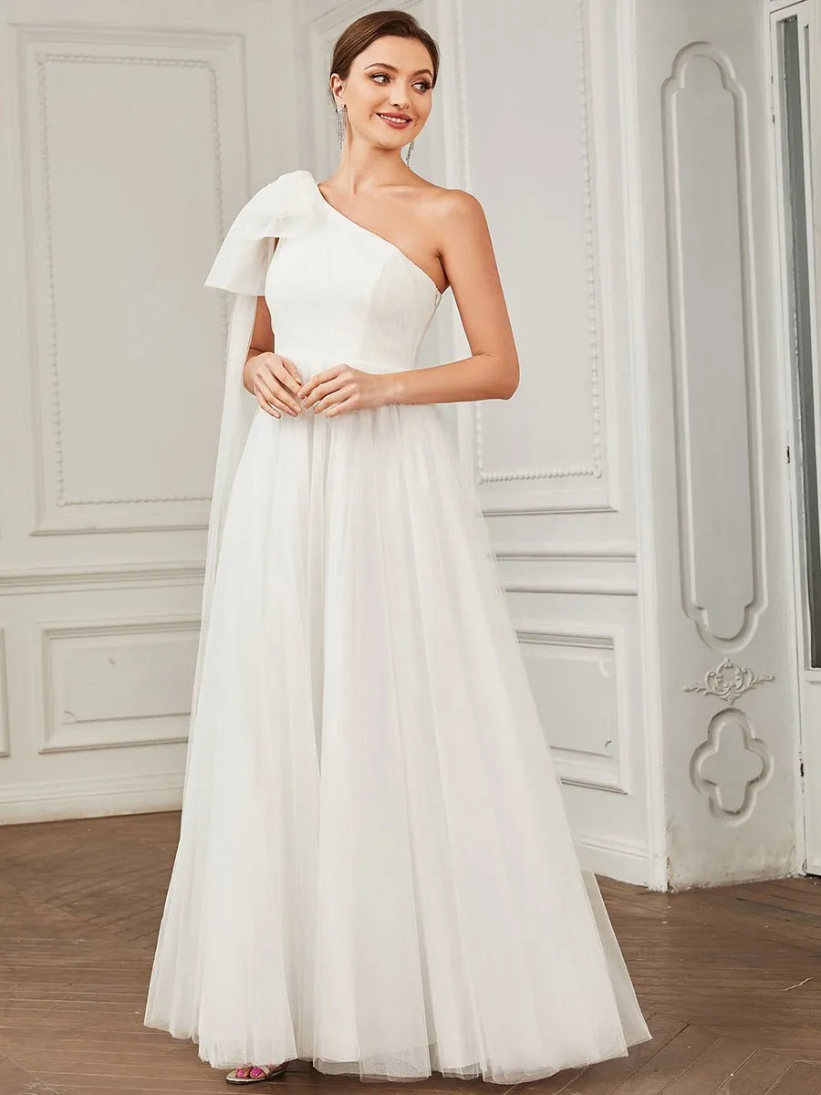 Sabina one shoulder ivory wedding gown with bow Express NZ wide