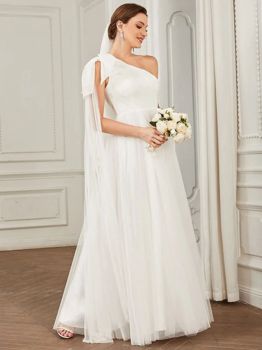 Sabina one shoulder ivory wedding gown with bow Express NZ wide
