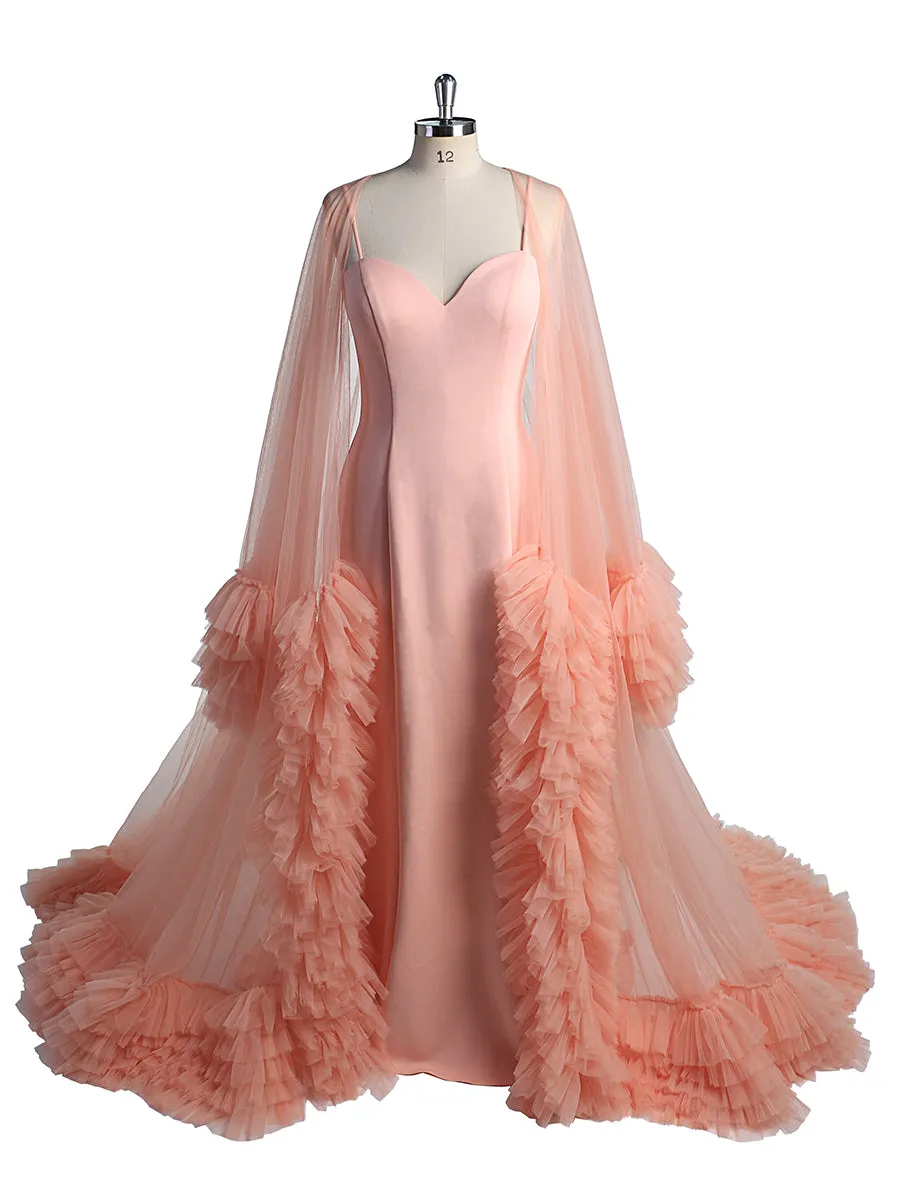 Salmon Evening Dress With Long Robe Capes Photo Shoot Photo Props Photography Gown Vestidos De Fiesta De Noche