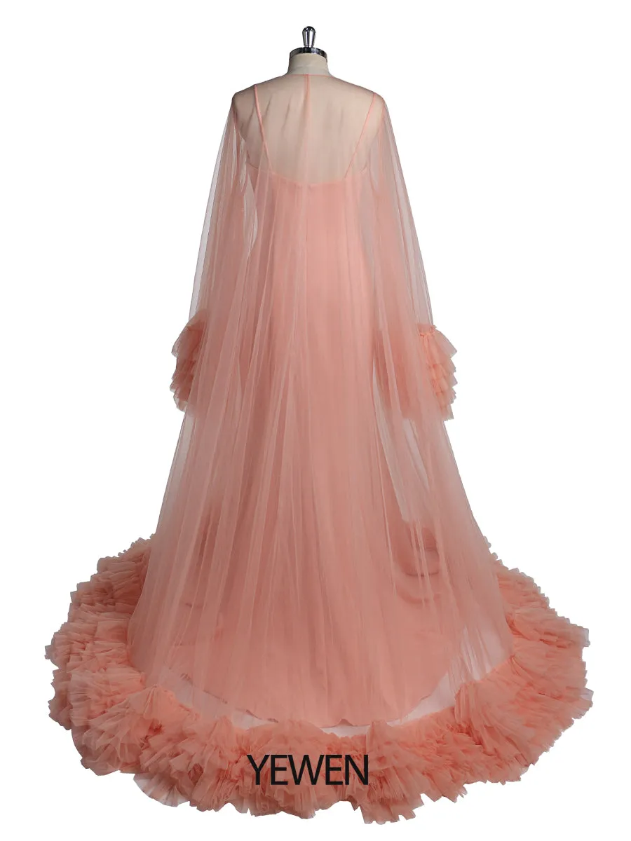 Salmon Evening Dress With Long Robe Capes Photo Shoot Photo Props Photography Gown Vestidos De Fiesta De Noche