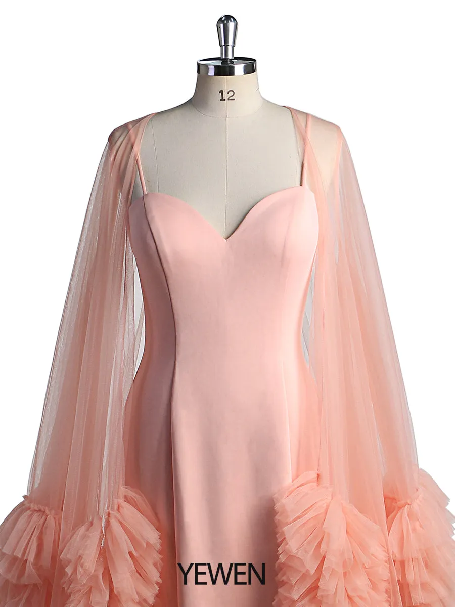 Salmon Evening Dress With Long Robe Capes Photo Shoot Photo Props Photography Gown Vestidos De Fiesta De Noche