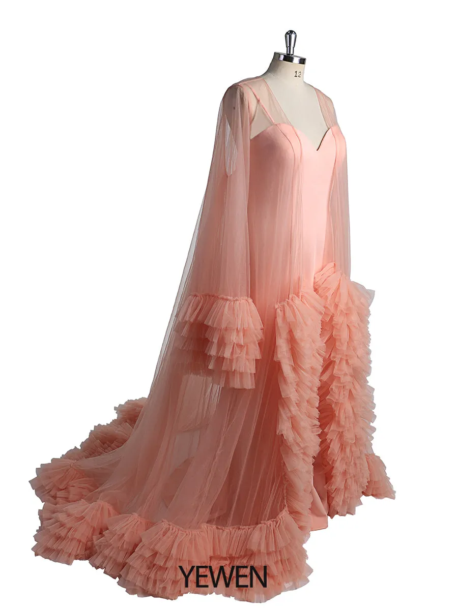 Salmon Evening Dress With Long Robe Capes Photo Shoot Photo Props Photography Gown Vestidos De Fiesta De Noche
