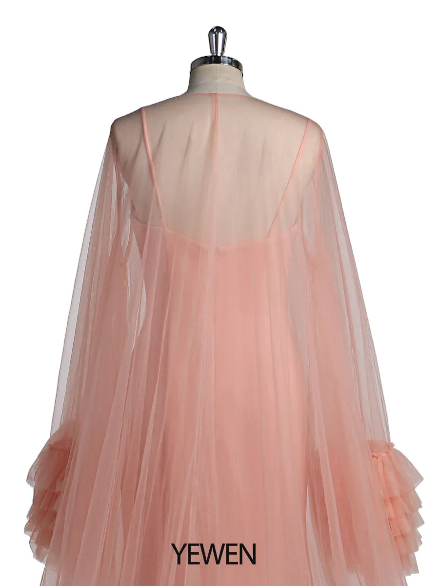 Salmon Evening Dress With Long Robe Capes Photo Shoot Photo Props Photography Gown Vestidos De Fiesta De Noche