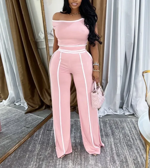 SAP2675P - COLOR CONTRAST OFF SHOULDER TOP & PANTS SET