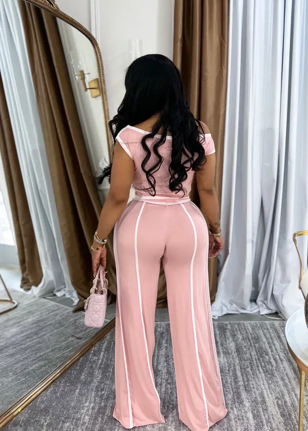 SAP2675P - COLOR CONTRAST OFF SHOULDER TOP & PANTS SET