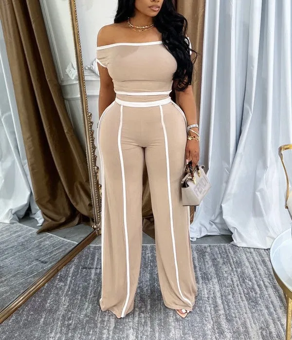SAP2675P - COLOR CONTRAST OFF SHOULDER TOP & PANTS SET