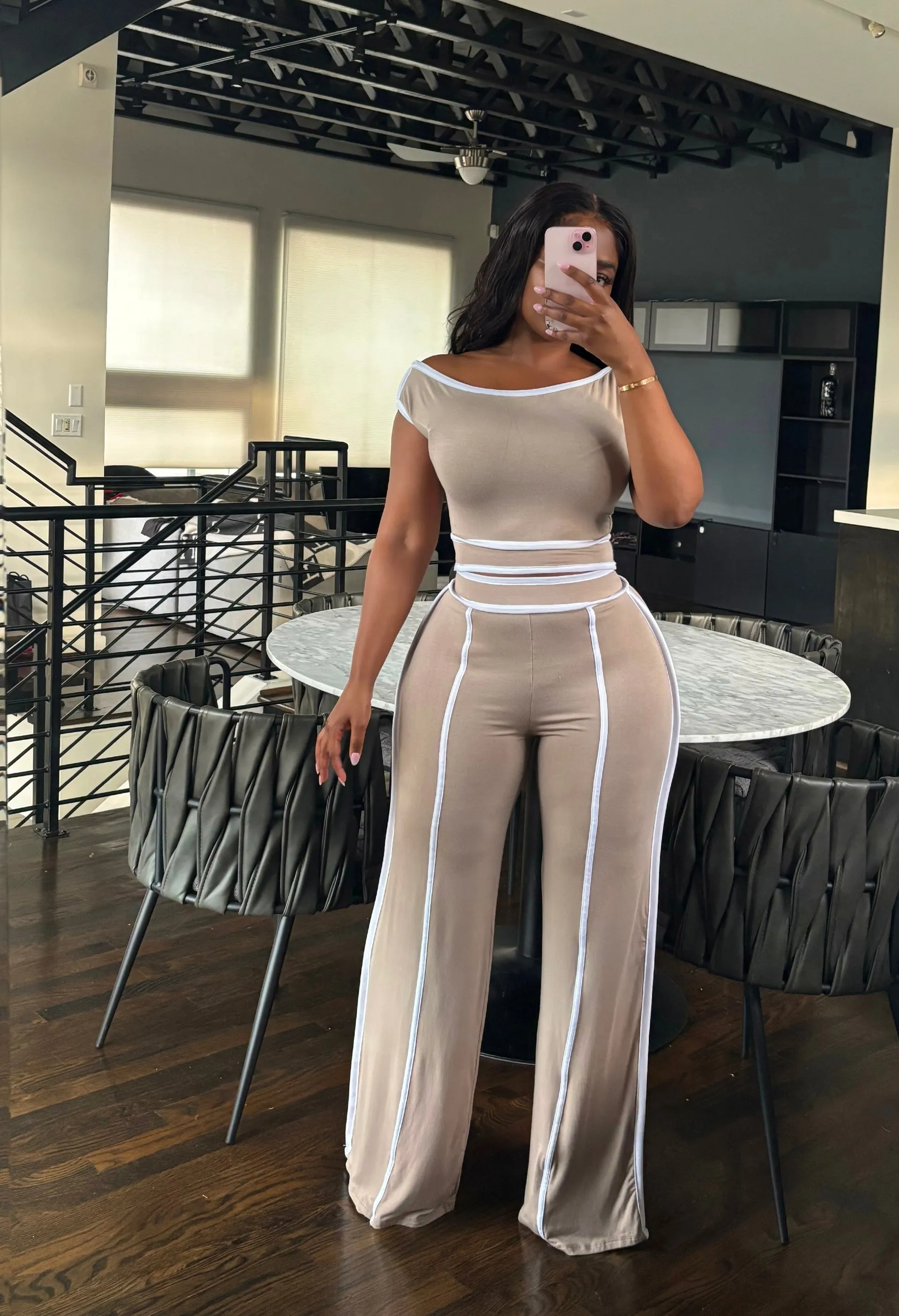 SAP2675P - COLOR CONTRAST OFF SHOULDER TOP & PANTS SET