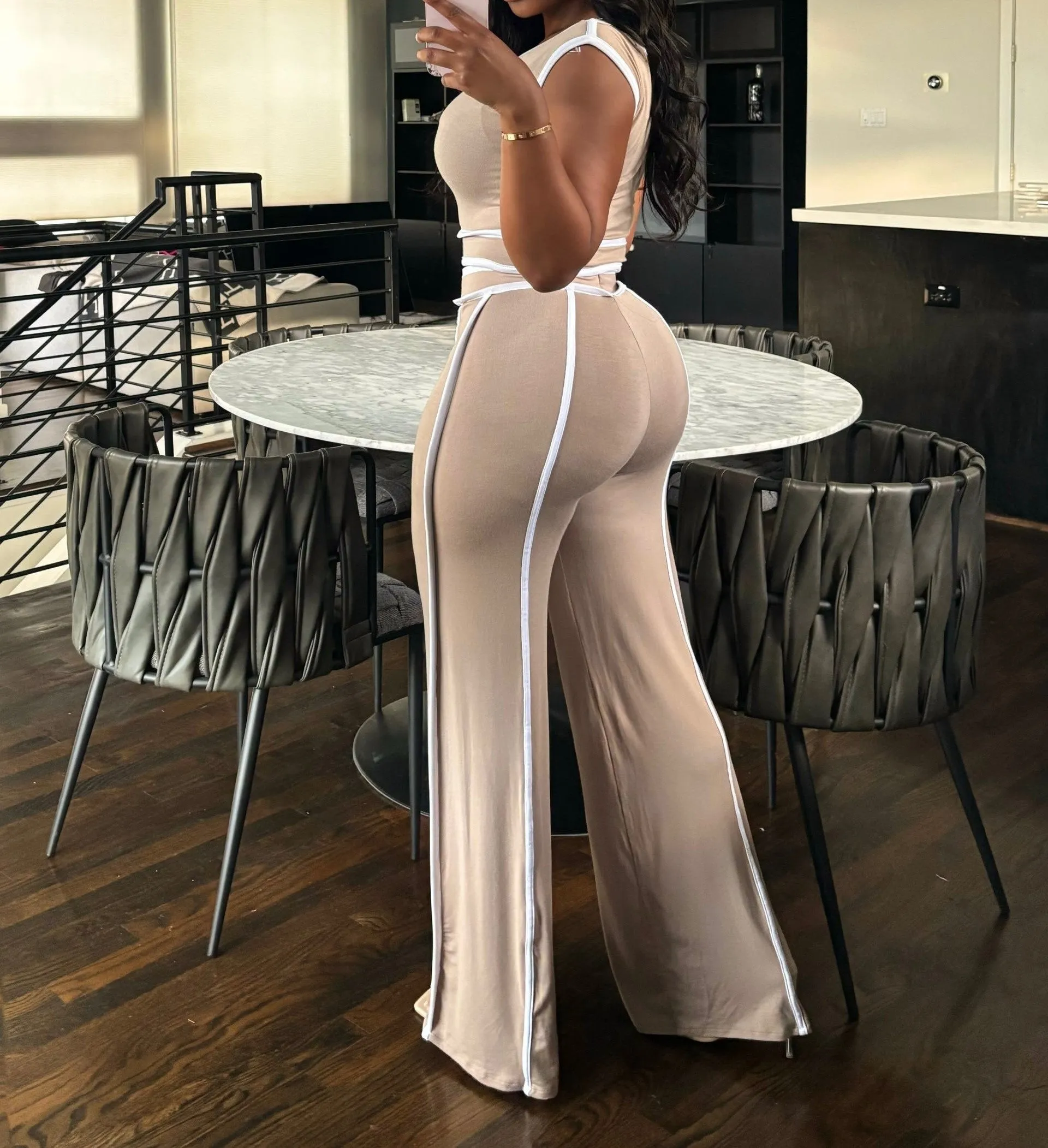 SAP2675P - COLOR CONTRAST OFF SHOULDER TOP & PANTS SET