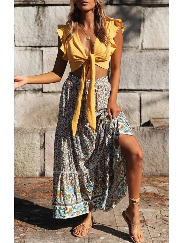 SARITA - Bohemian Pleated High-waisted Boho Maxi Skirt