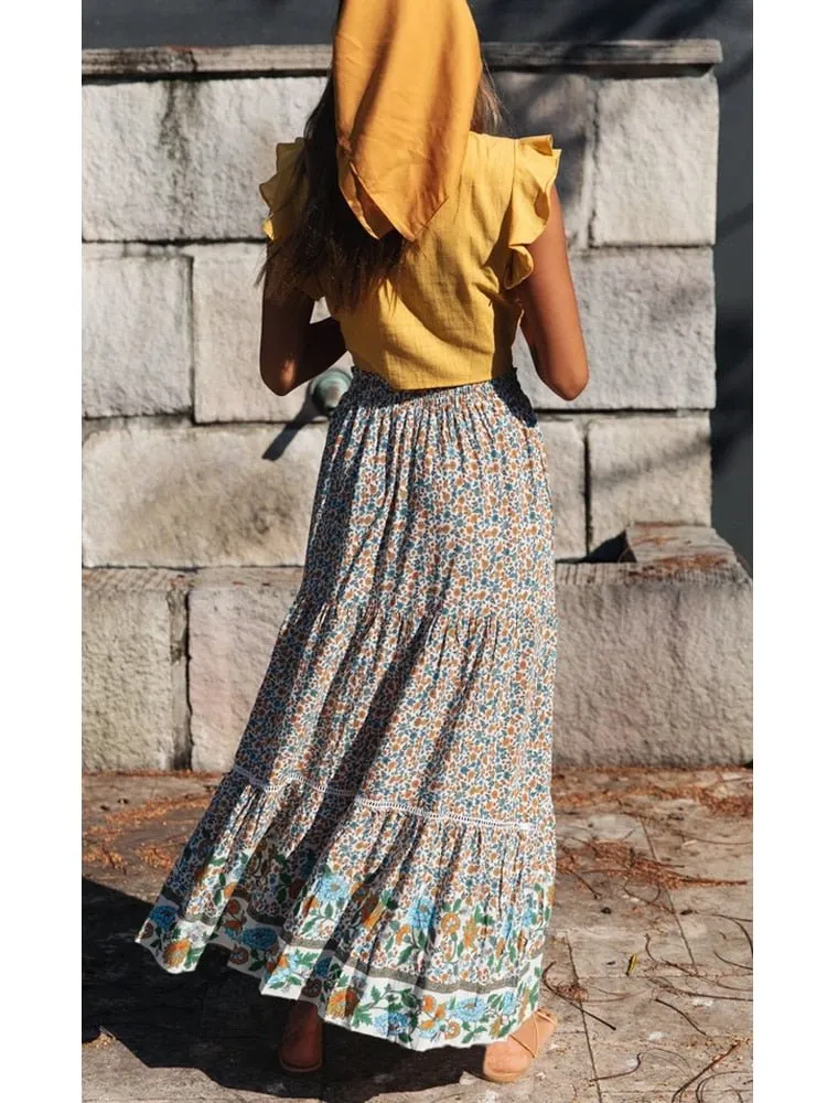 SARITA - Bohemian Pleated High-waisted Boho Maxi Skirt