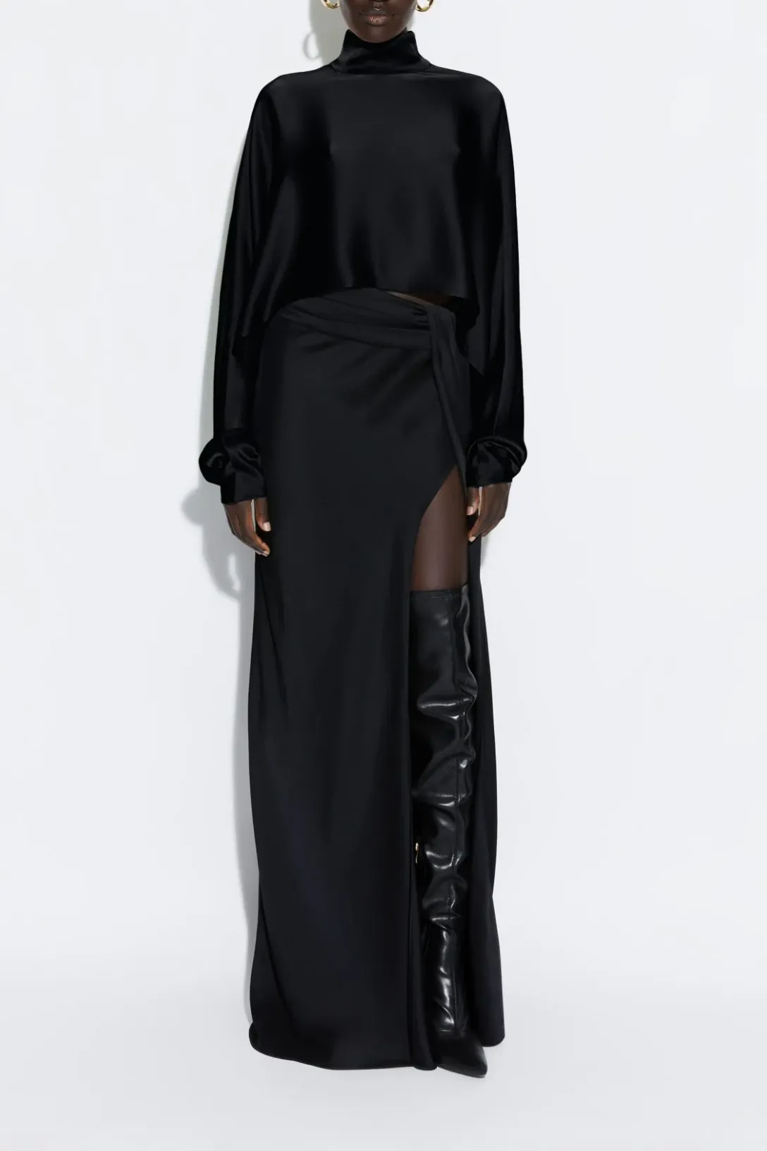 Satin Asymmetric Waist Maxi Skirt | Black