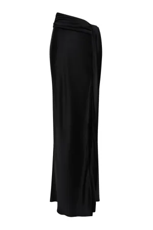 Satin Asymmetric Waist Maxi Skirt | Black