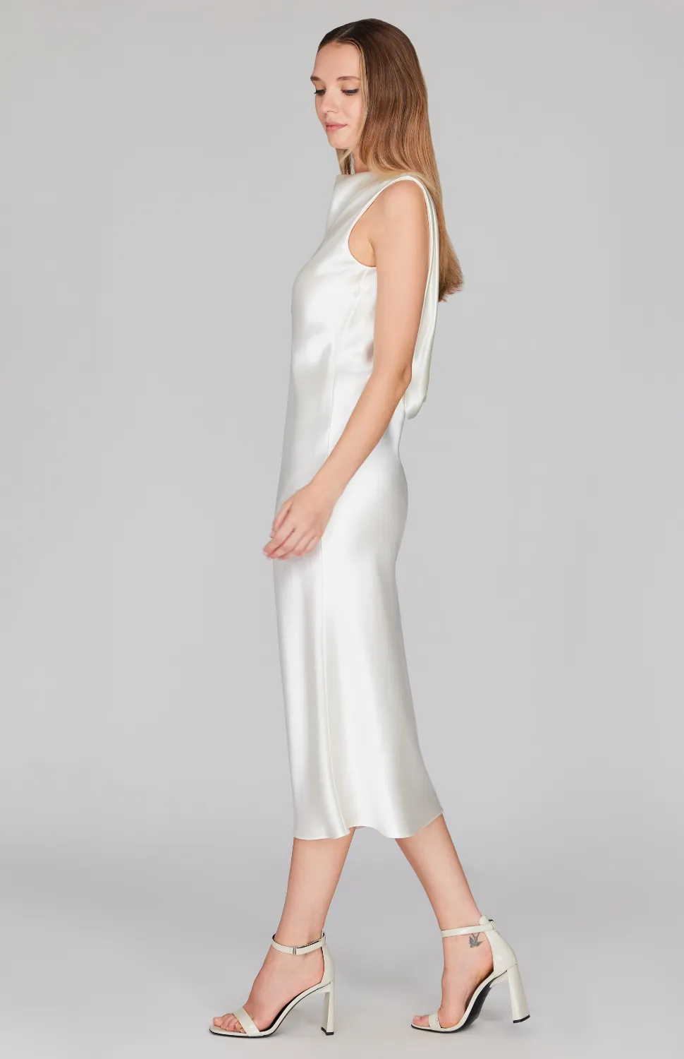 Satin Drape Back Bias Dress
