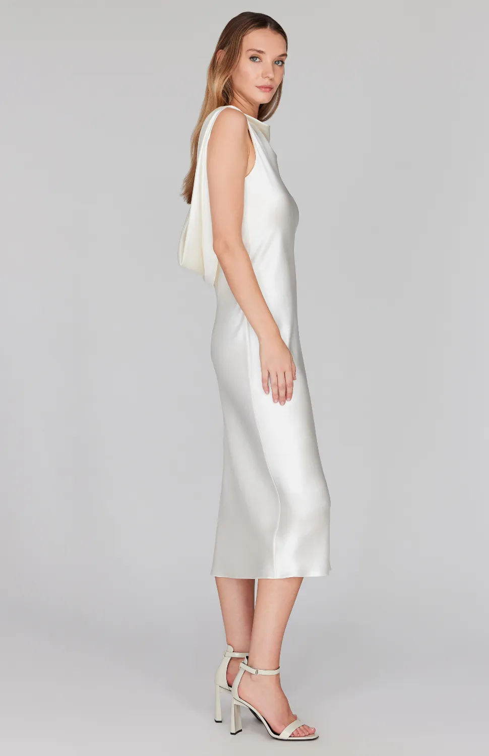 Satin Drape Back Bias Dress