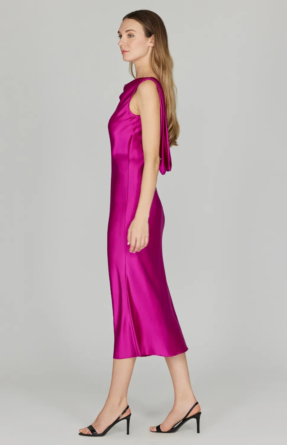Satin Drape Back Bias Dress