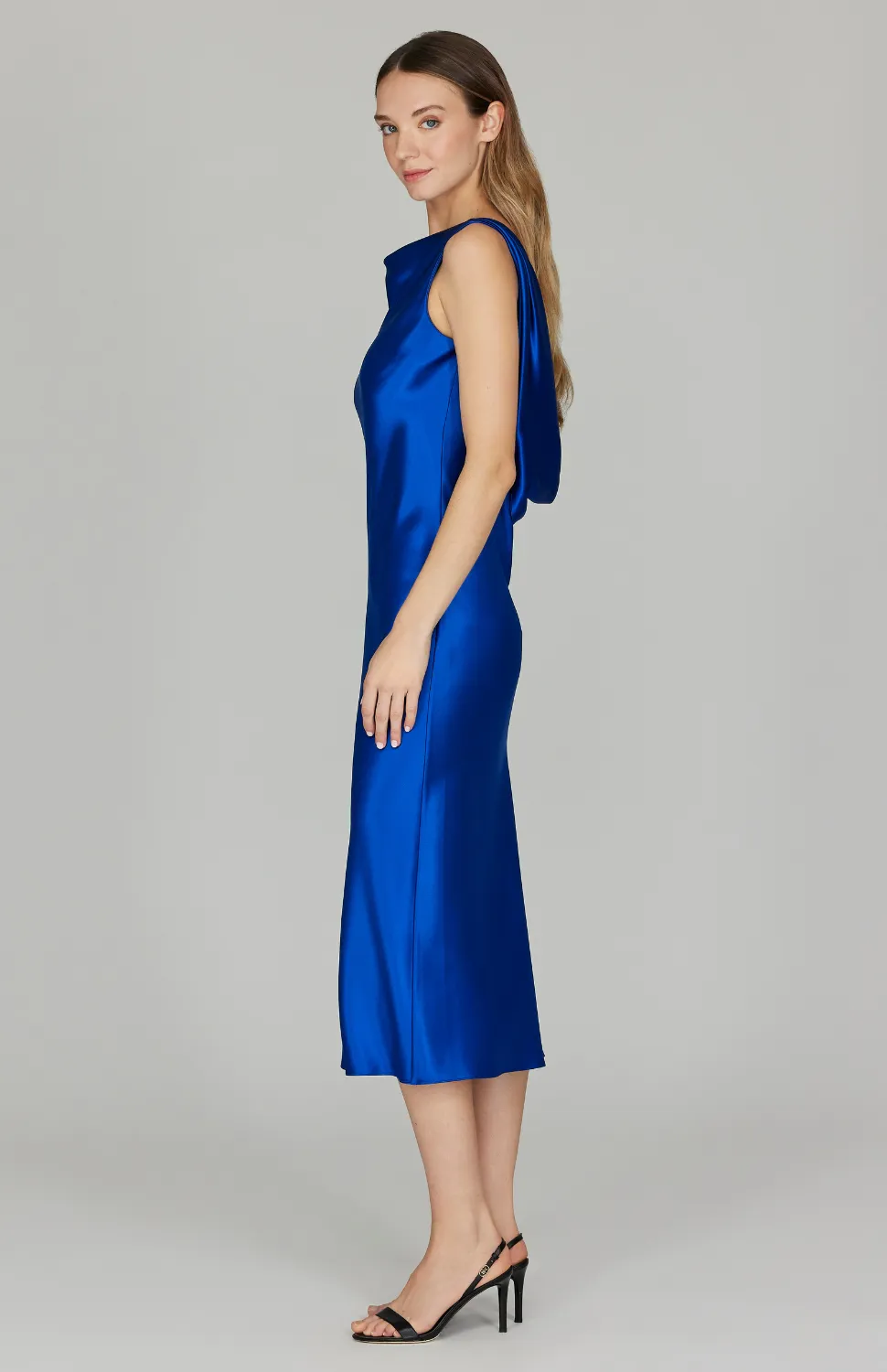 Satin Drape Back Bias Dress