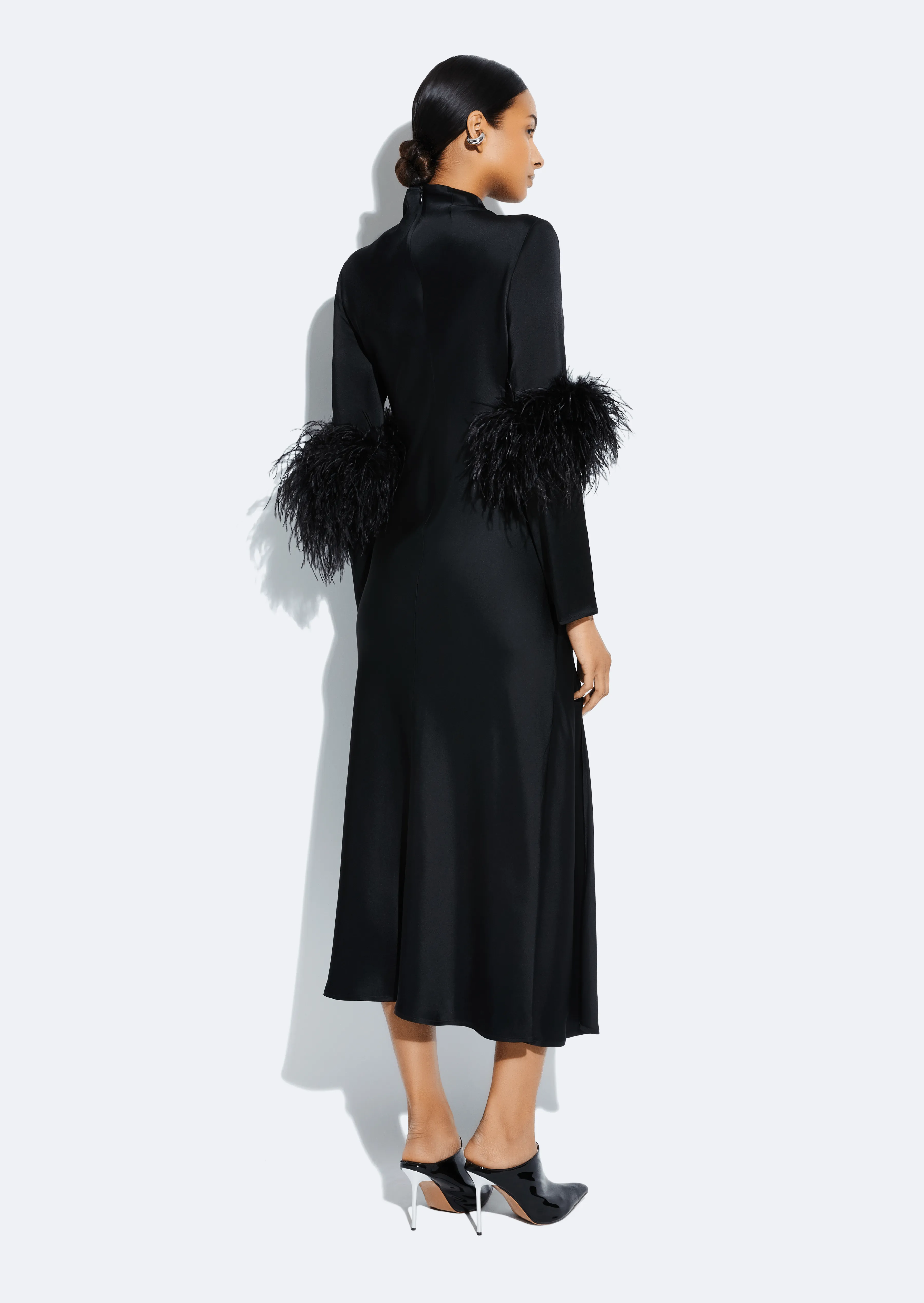 Satin Draped Neck Bias Dress With Feathers