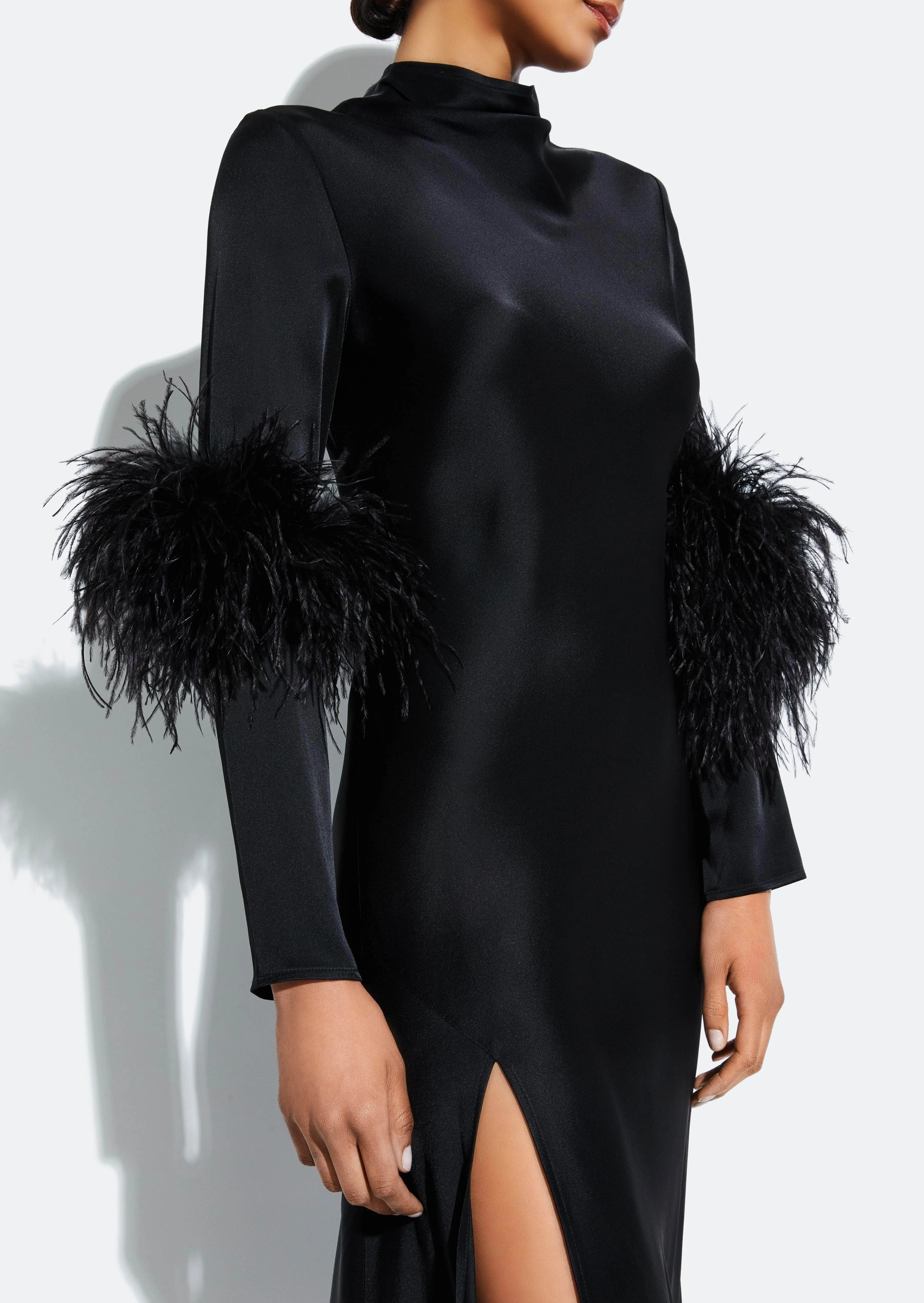 Satin Draped Neck Bias Dress With Feathers