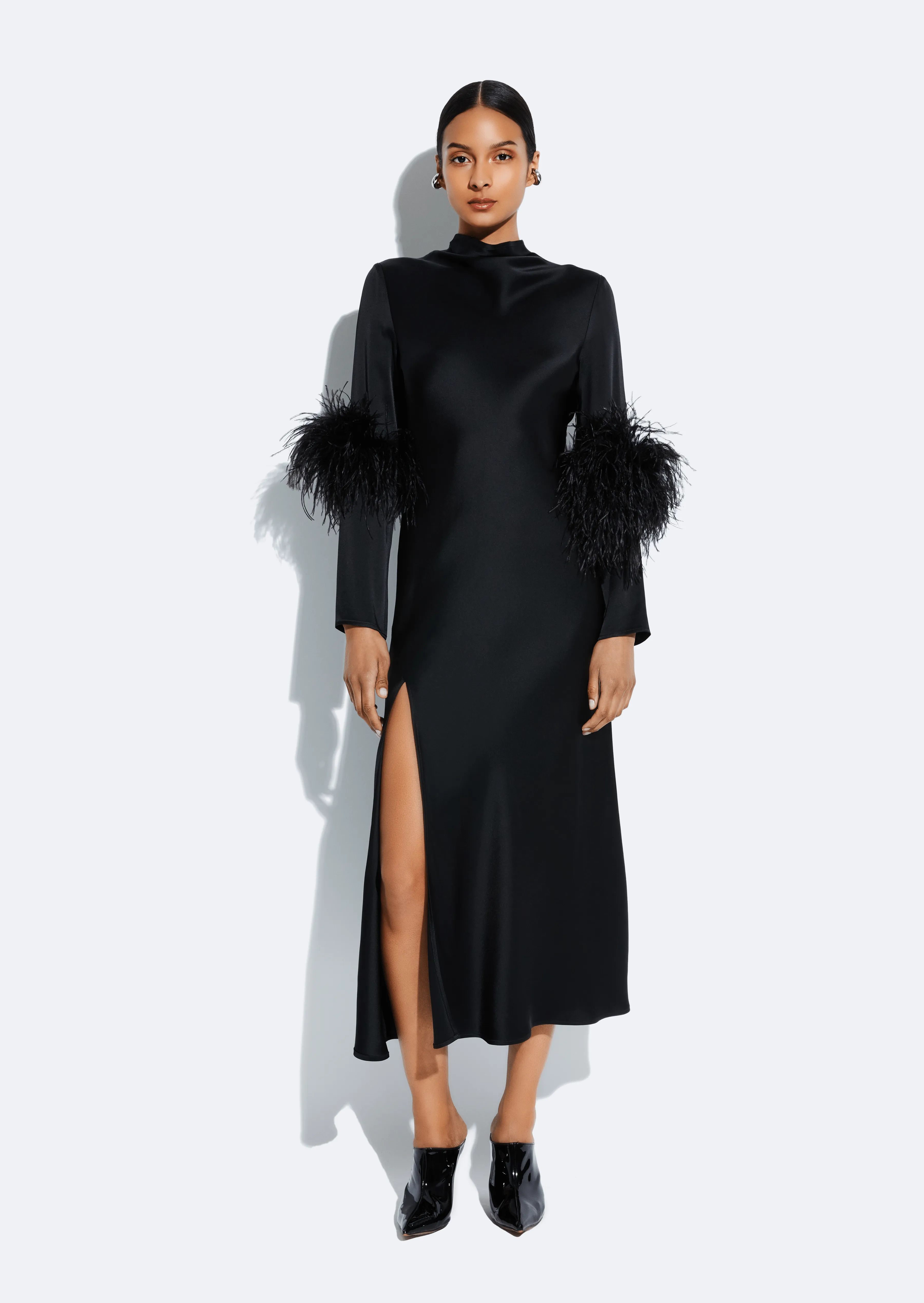 Satin Draped Neck Bias Dress With Feathers