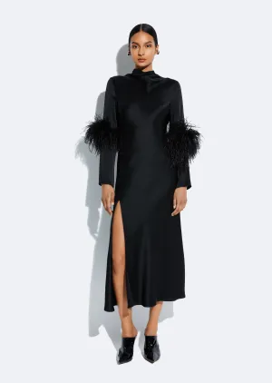 Satin Draped Neck Bias Dress With Feathers