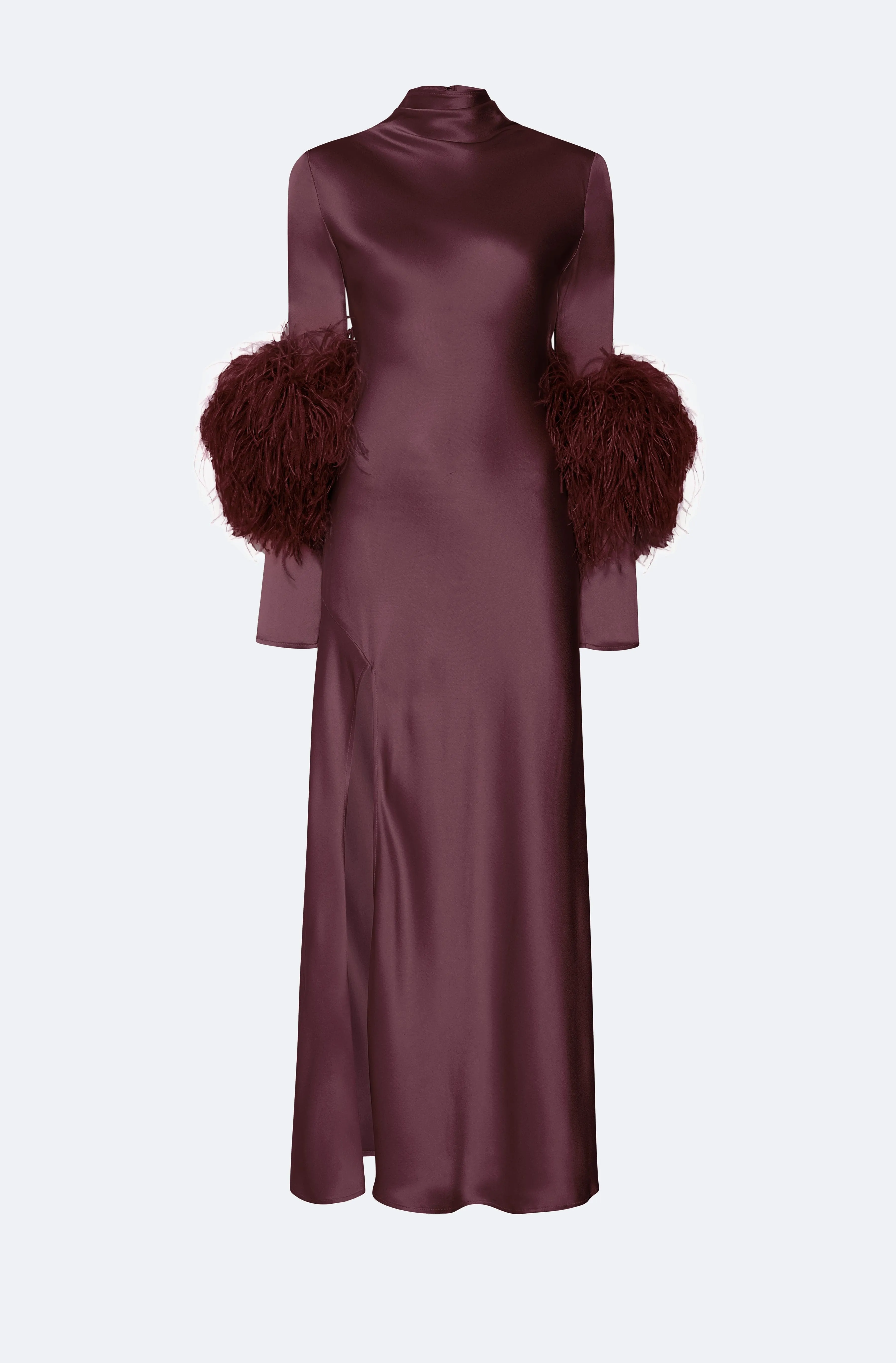 Satin Draped Neck Bias Dress With Feathers