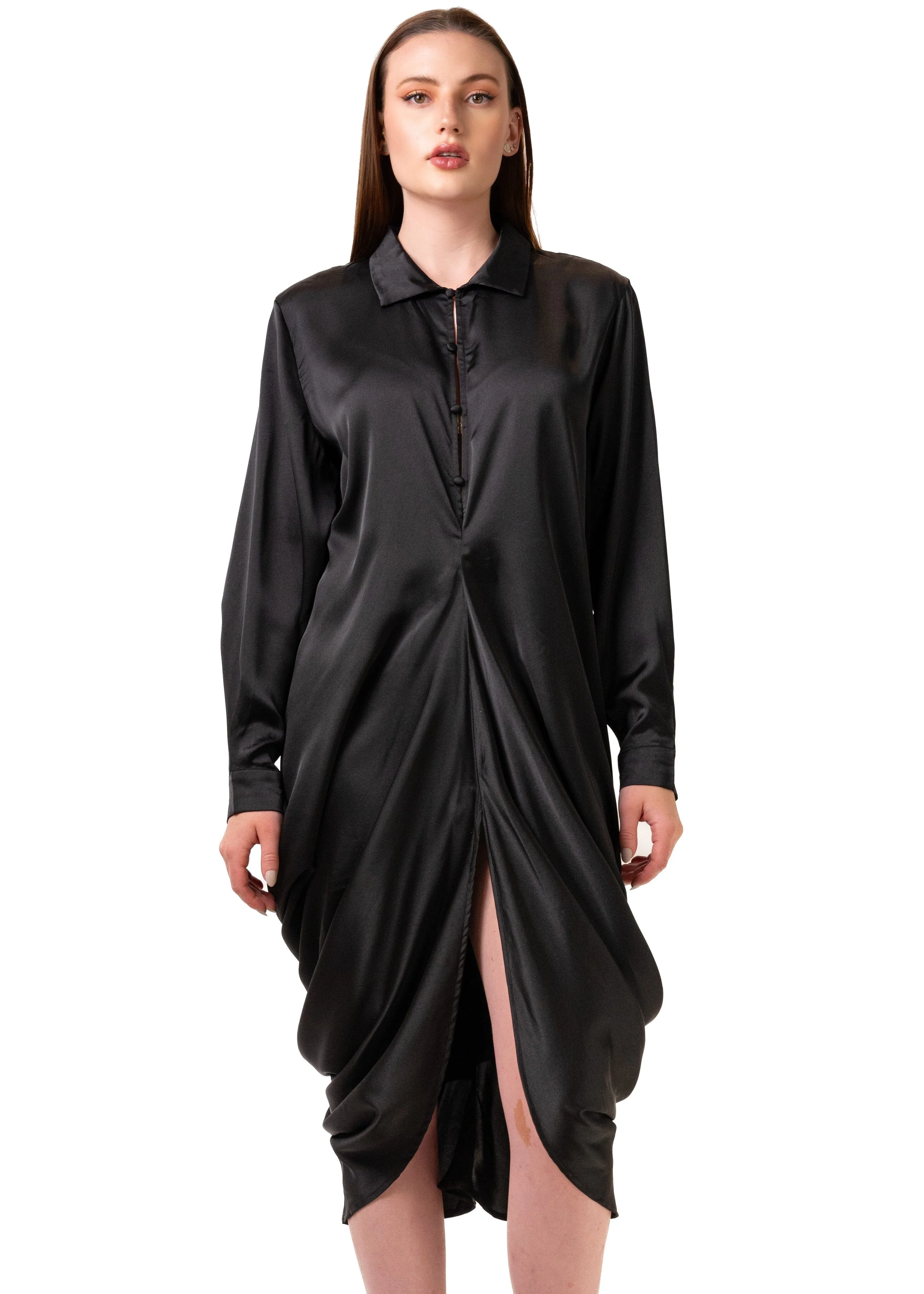 Satin Draped Shirt Dress