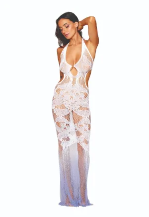 Seamless Gown with Custom Lace Pattern and Fishnet Insets