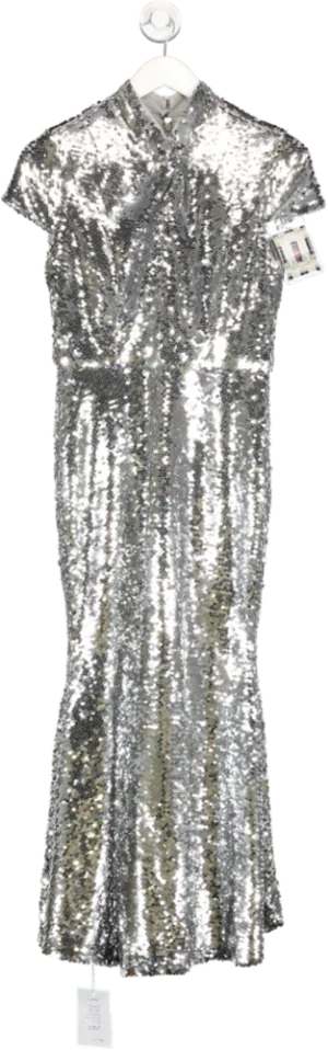 Self-Portrait Metallic Sequin Twist Neck Midi Dress UK 4