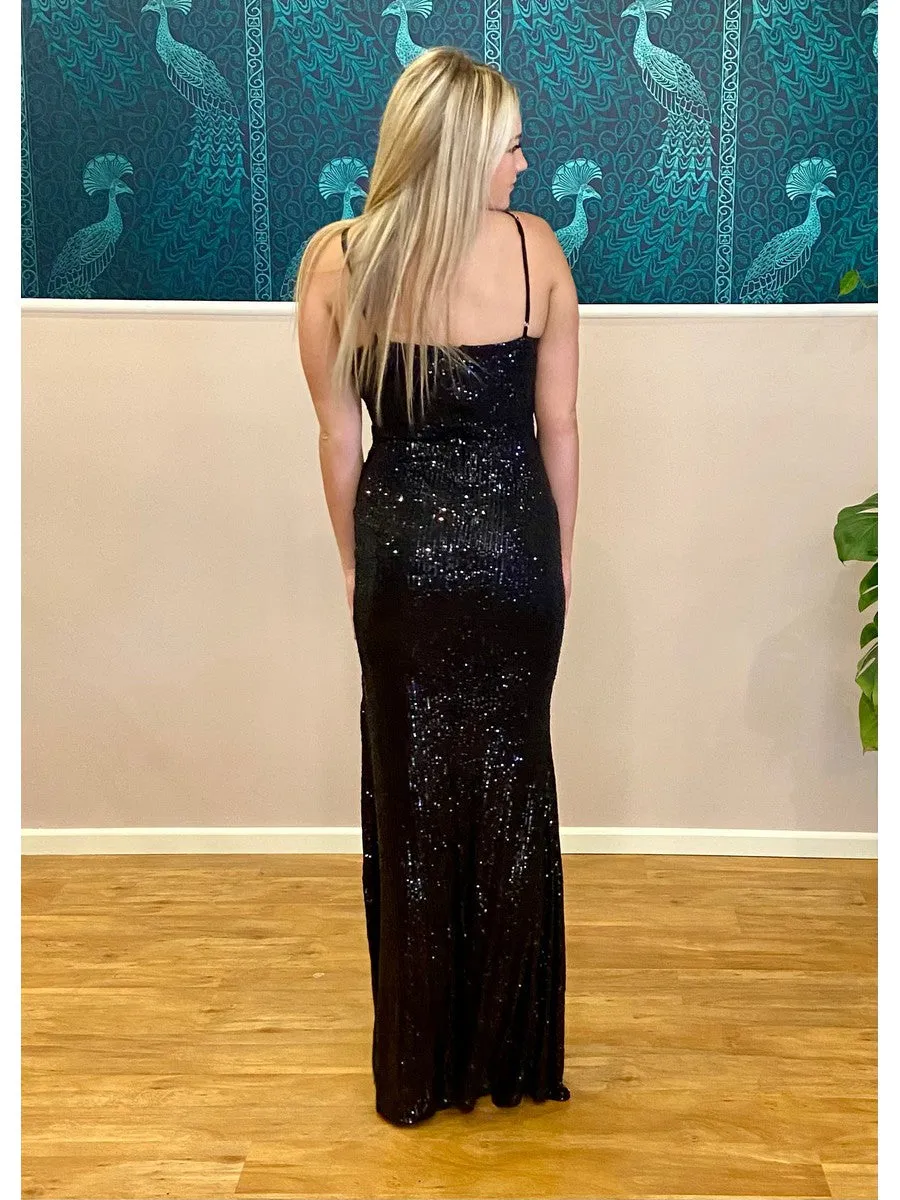 Seva full sequin ball dress with split in black Express NZ wide