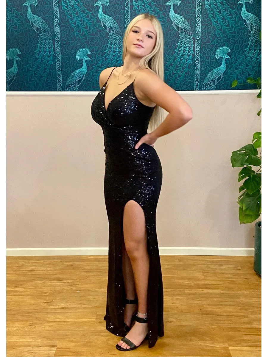 Seva full sequin ball dress with split in black Express NZ wide