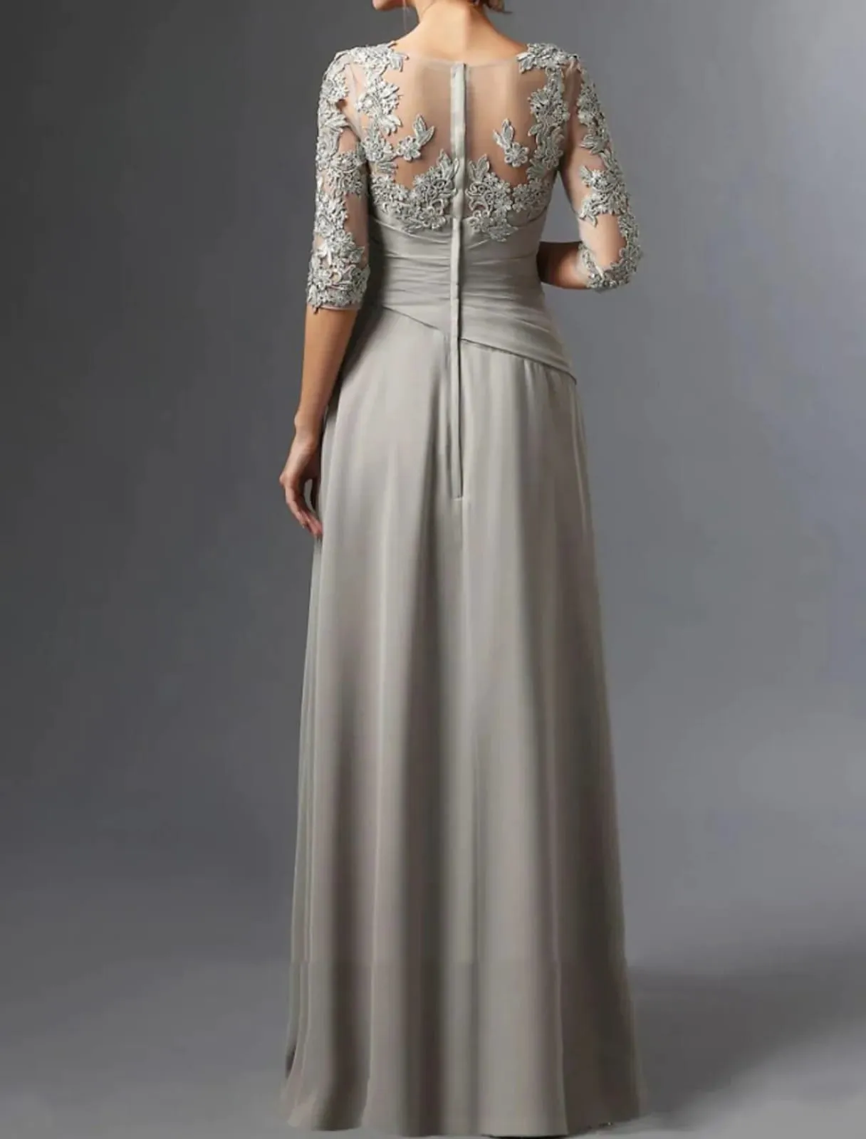 Sheath Half Sleeve Gathered Long Chiffon Wedding Guest/Mother of Bride Dress