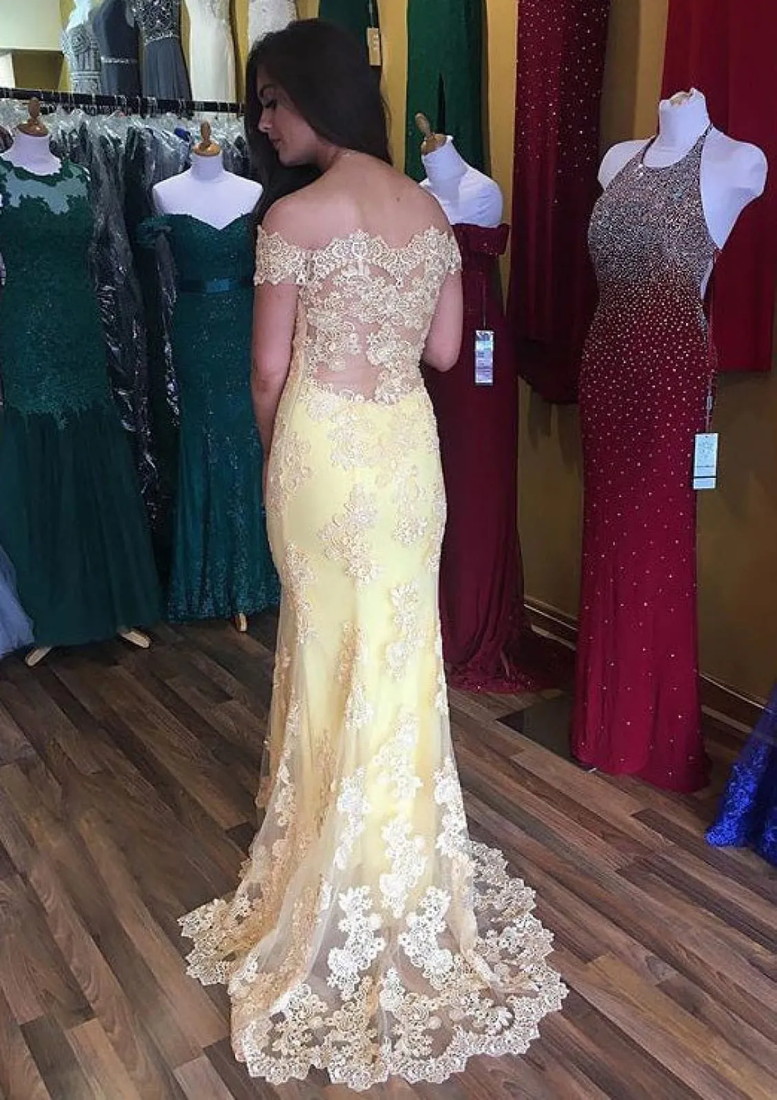 Sheath Scalloped Off Shoulder Illusion Sweep Yellow Lace Prom Dress