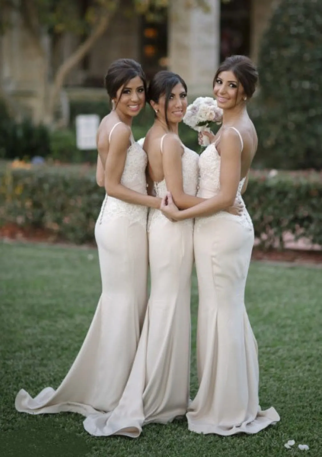 Sheath Spaghetti Strap Sweetheart Court Train Satin Ivory Bridesmaid Dress, Lace