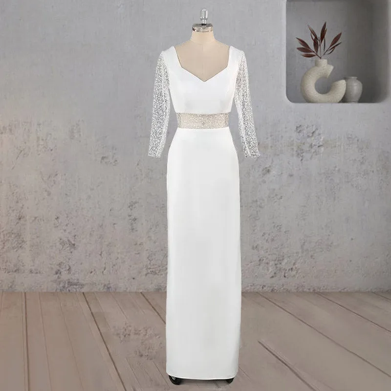 Sheath V Neck White Satin Long Wedding Dress