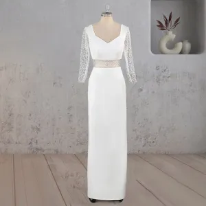 Sheath V Neck White Satin Long Wedding Dress