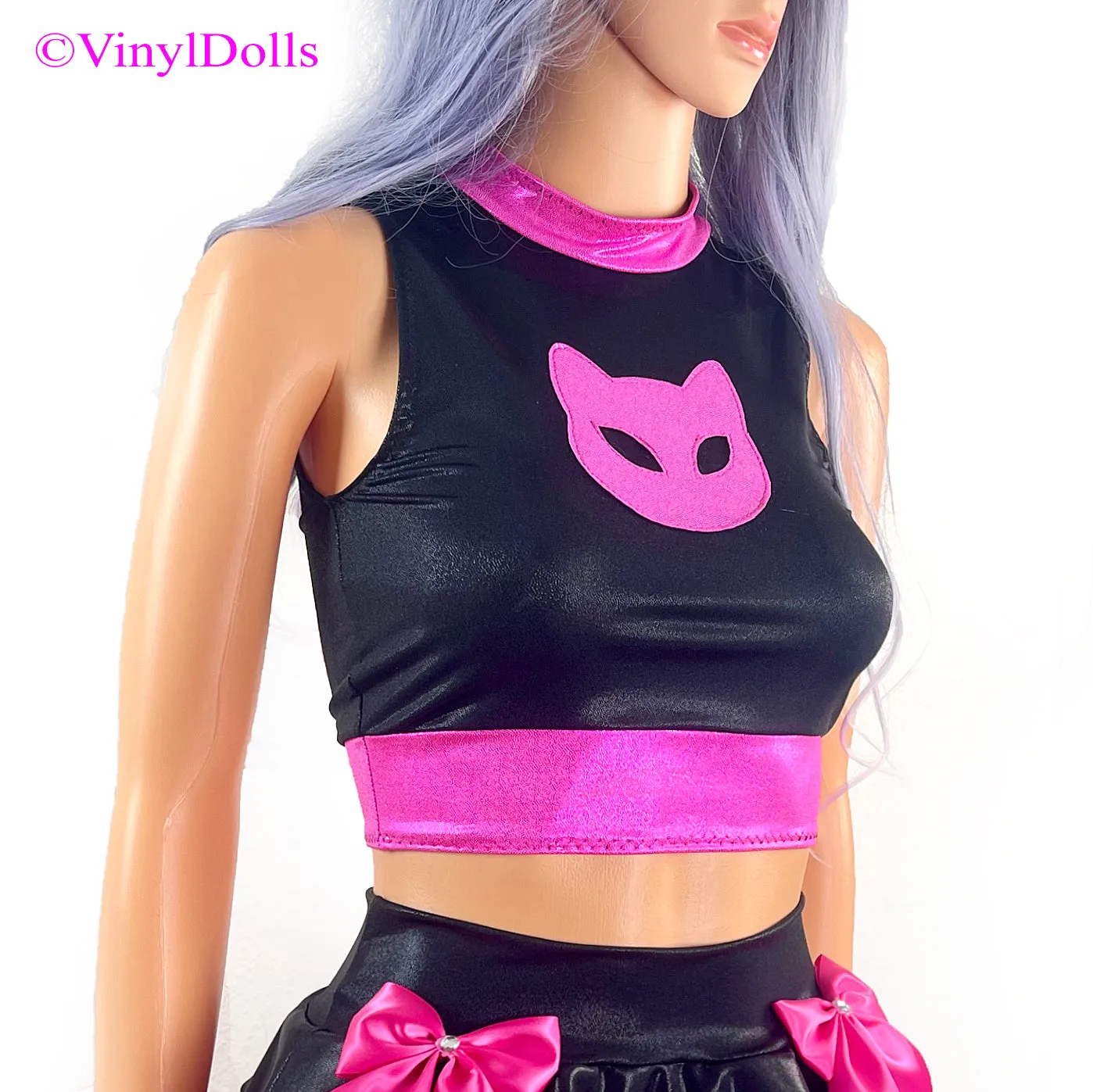 Shiny Black Pink Kitty Top
