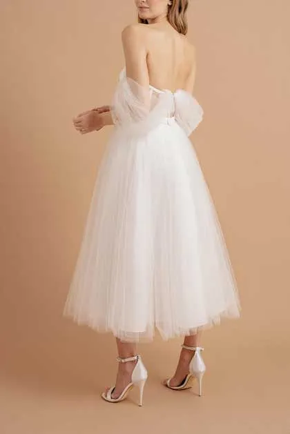 Short Tea Length Lace Wedding Dress with Off the Shoulder Neckline ET3038