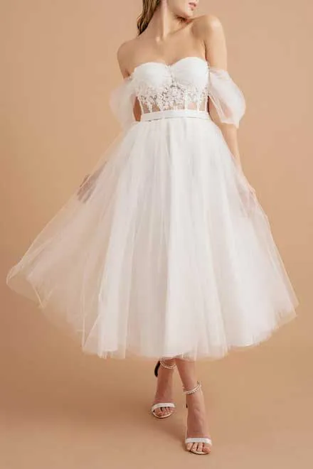 Short Tea Length Lace Wedding Dress with Off the Shoulder Neckline ET3038