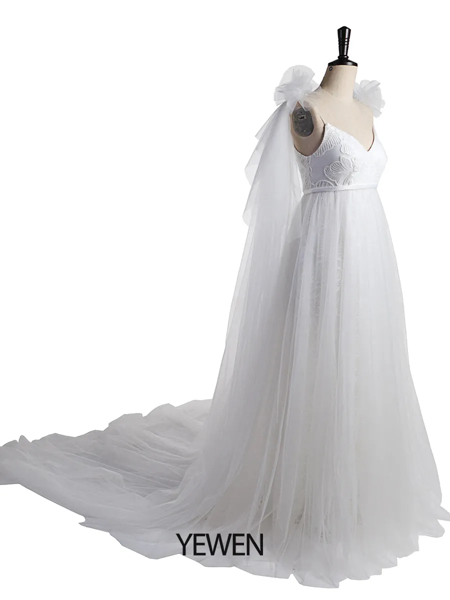 Shoulder Ruffles Flower Long Maternity Wedding Gown Photo Shoot Dress