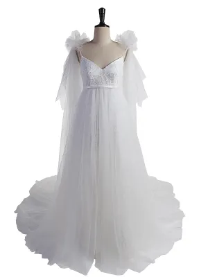 Shoulder Ruffles Flower Long Maternity Wedding Gown Photo Shoot Dress