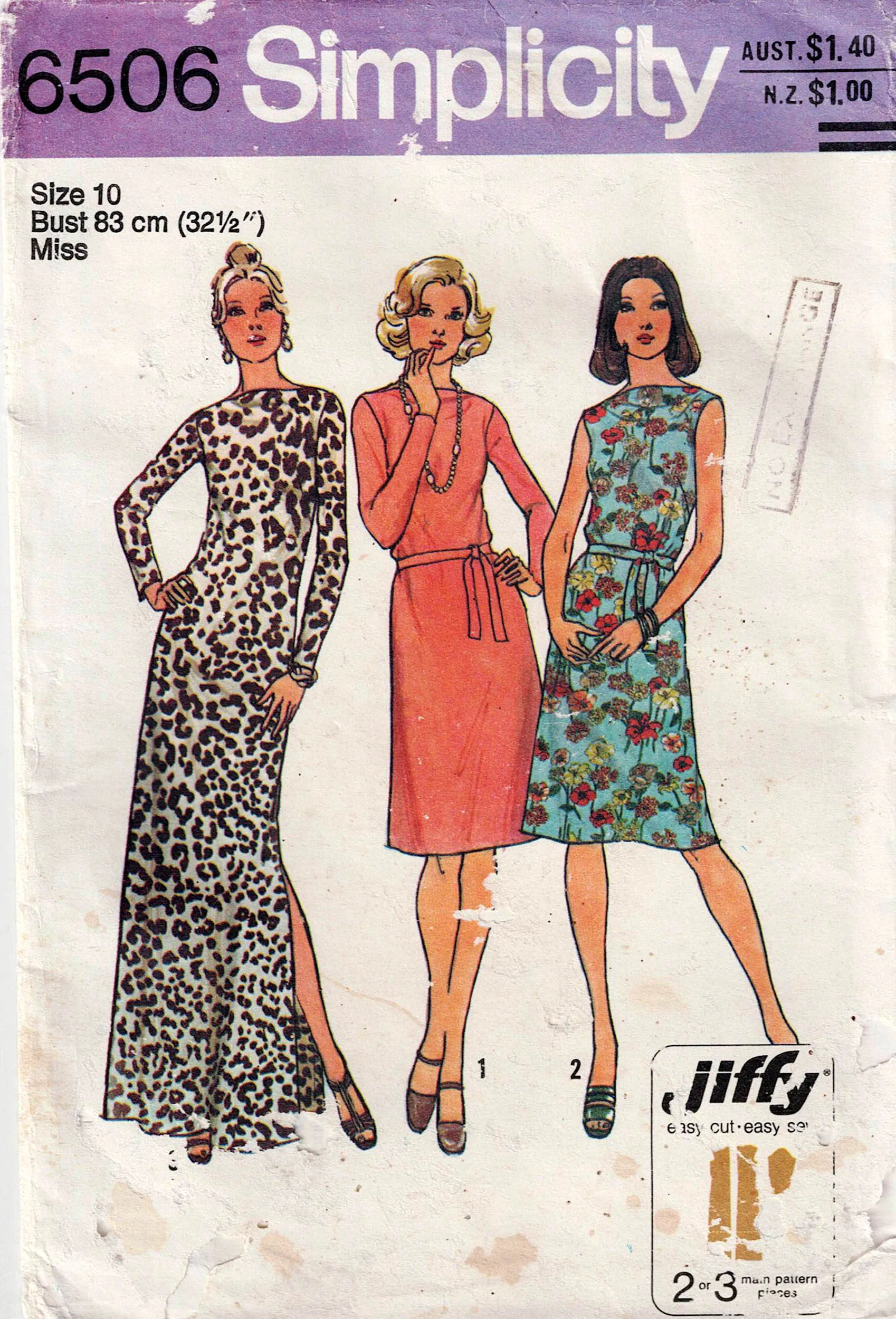 Simplicity 6506 Womens JIFFY Bateau Neck Dress 1970s Vintage Sewing Pattern Size 10 Bust 32.5 inches