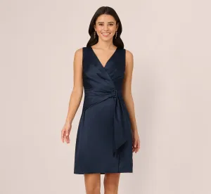 Sleeveless Satin Draped Short Dress In Dark Navy