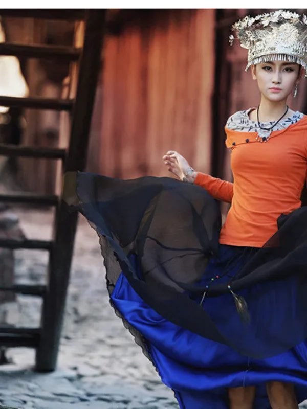 sloping embroidered shoulder top