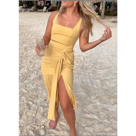 SNDYS Petal and Pup Yellow Zanita 2 Piece Tank and Twist Waist Midi Skirt Medium