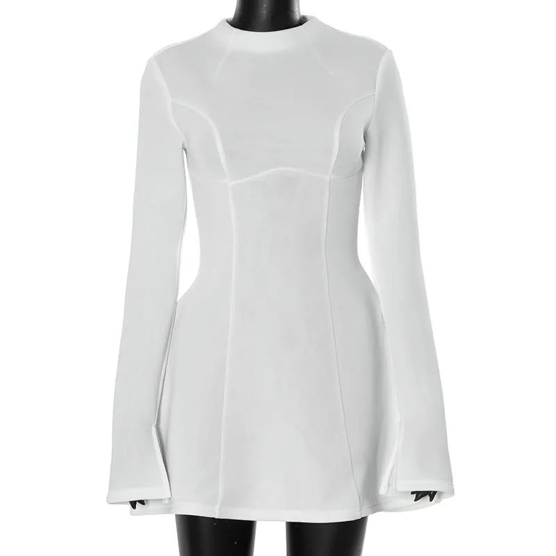 Solid color round neck, long sleeves and waisted A-line skirt