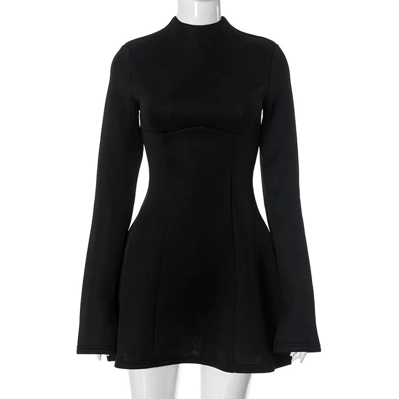 Solid color round neck, long sleeves and waisted A-line skirt