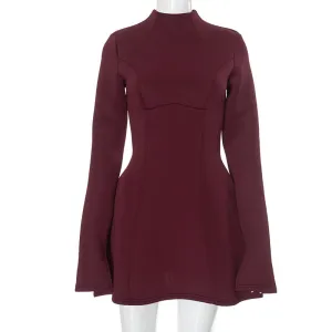 Solid color round neck, long sleeves and waisted A-line skirt